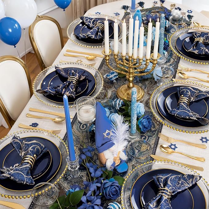 WDF 150pcs Blue plastic Plates - Navy Blue Plates Disposable - 25guest Disposable Dinnerware Sets for Hanukkah/Party/Wedding/Birthday
