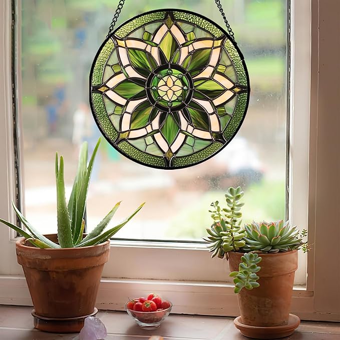 Stained Glass Window Hanging - White Green Boho Flower Suncatcher for Doors Window Home Sun Catchers Decor Christmas Mother's Day Birthday Gifts for Teacher Women Men Mom Nana 7.8 in