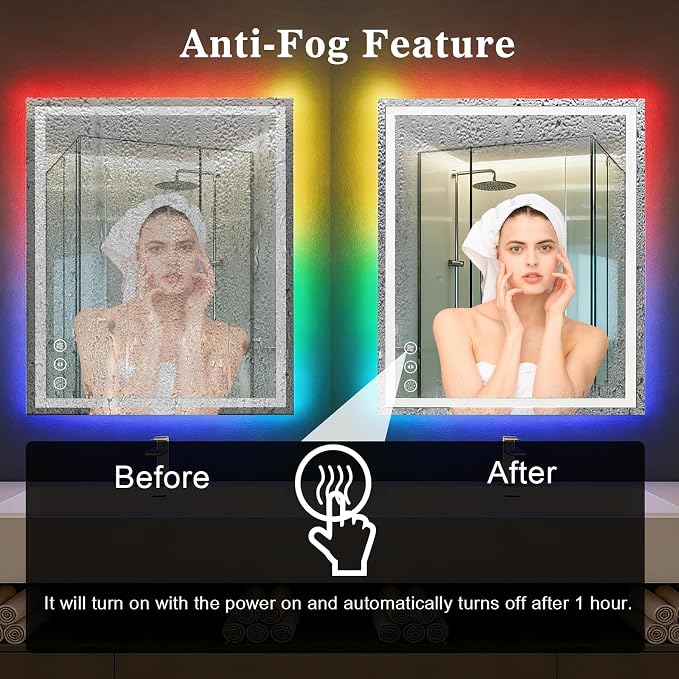 WTTY LED Bathroom Mirror 48"x36" with RGB Backlit and Front Light,Stepless Dimmable LED Mirror for Bathroom,Colored Lighted Bathroom Vanity Mirror,Anti-Fog,Memory Function,Shatter-Proof
