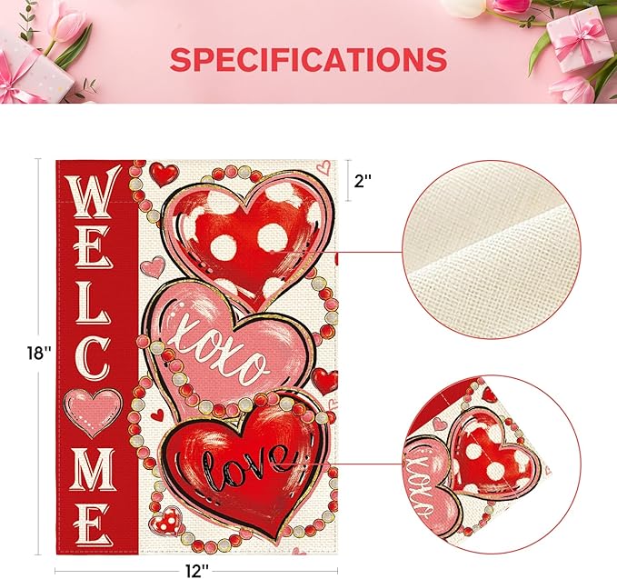 AVOIN colorlife Love Hearts Valentines Day Garden Flag 12x18 Inch Double Sided Outside, XOXO Welcome Anniversary Yard Outdoor Flag
