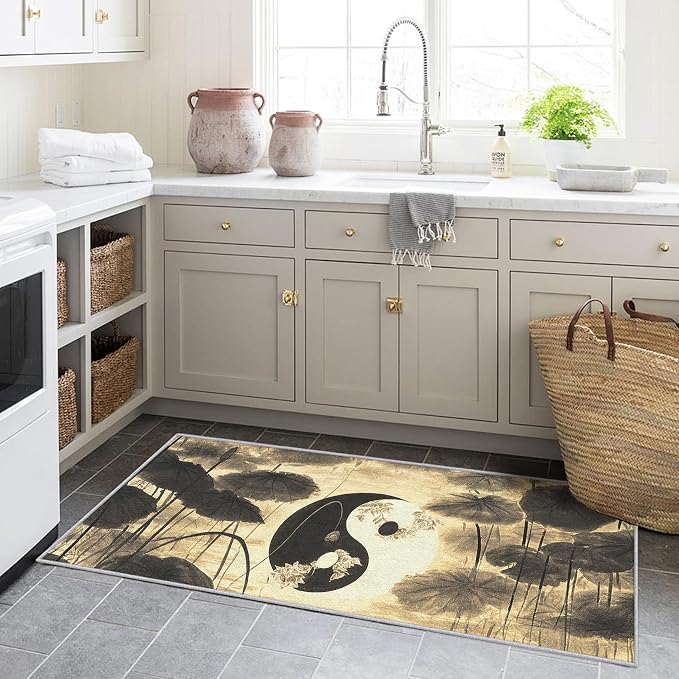 Yin Yang Lotus Leaf Runner Rug 4x8, Asian Yoga Design, Zen Spiritual Meditation Area Rug, Washable Non-Slip Floor Carpet Runner for Bedroom, Dining Room, Living Room Aisle