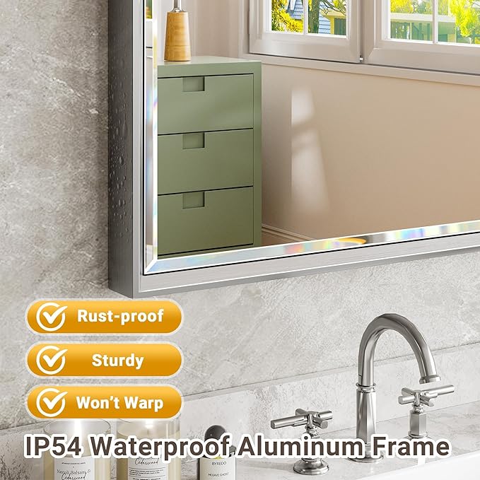 Silver Bathroom Mirror, 22x30 Inch Beveled Rectangle Wall Mounted Mirror, Anti-Rust Silver Metal Framed Vanity Mirror (Vertical/Horizontal)