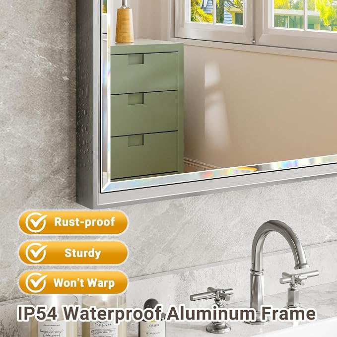 Silver Bathroom Mirror, 24x32 Inch Beveled Silver Vanity Mirror for Bathroom Wall, Silver Metal Framed Mirror Anti-Rust, Silver Rectangle Wall Mounted Mirror for Bathroom(Vertical/Horizontal)