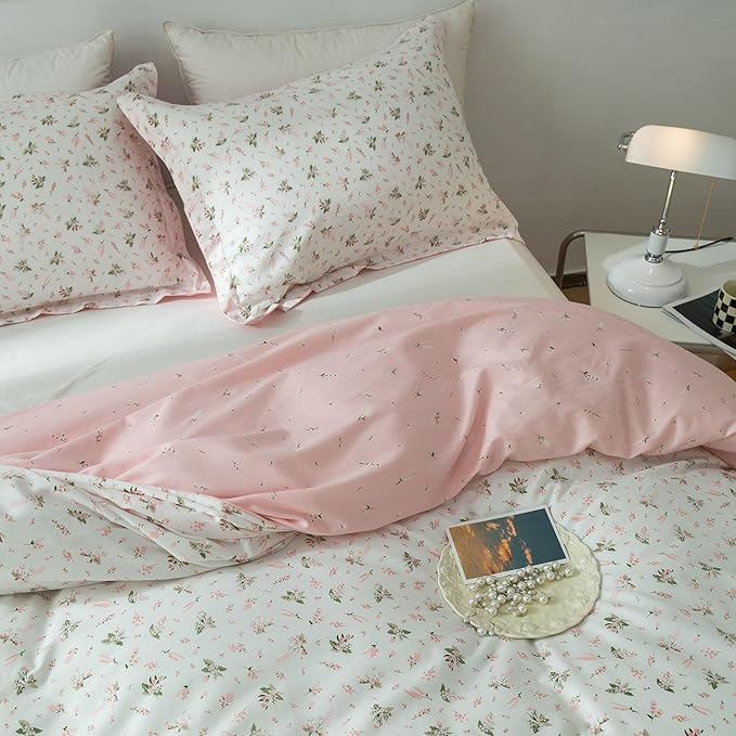 EAVD Vintage Style Garden Pink Floral Duvet Cover Queen 100% Cotton White Pink Botanical Bedding Set for Girls Women Chic Shabby Boho Botanical Floral Comforter Cover with Zipper Closure 4 Ties