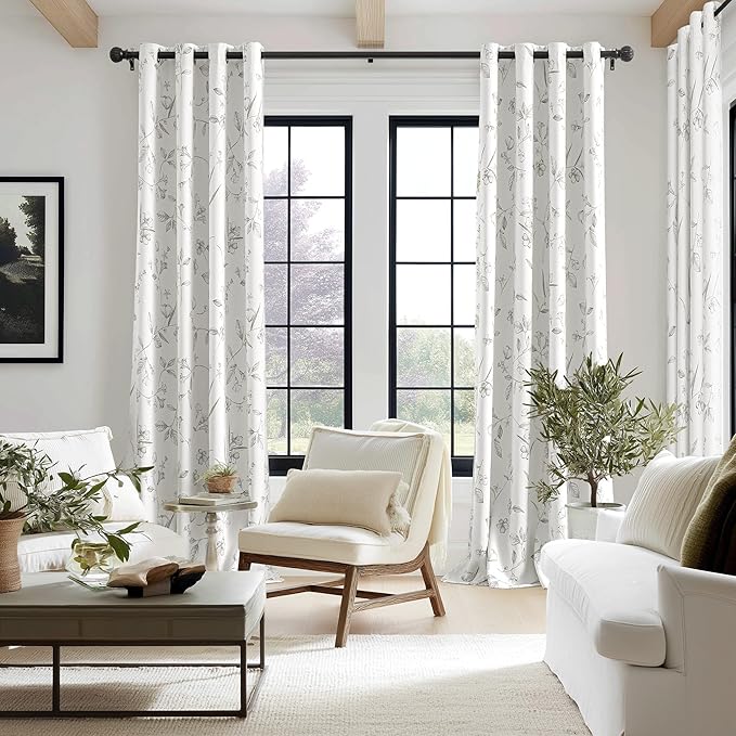 ChrisDowa 100% Blackout Floral Curtains 96 Inches Long 2 Panels for Bedroom Living Room Grey Flower Patterned Room Darkening Thermal Insulated Soundproof Grommet Window Treatments Drapes,52X96