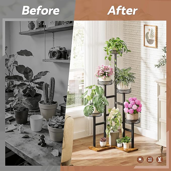 Black Wood Stand Plants, 5 Tiered Corner Metal Plant Stands Tall Indoor,Heavy Duty Flower Pot Stands for Multiple Plants,Decoration Display Racks for Patio Garden -BlackFlower