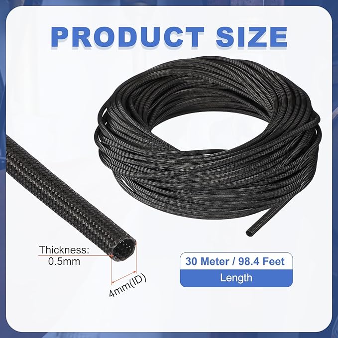 uxcell Insulation Cable Protector,4mm/0.16 Inch-30m/98 Feet High Temp Fiberglass Sleeve Black