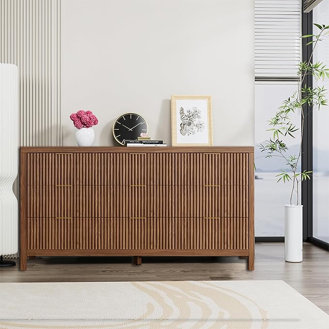 NRITOBY Mid-Century Modern 9-Drawer Dresser for Bedroom, Freestanding Nursery Dresser with Large Storage,Wood Dresser Dining Room, Entryway, Walnut Oak