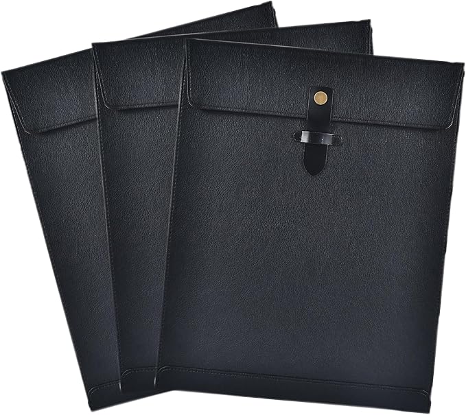 Black PU Leather File Folder, Snap Closure File Organizer, Important Document Folder, Document Organizer, Laptop Sleeve Notebook Case, Leather Folder A4 Envelopes Filing Folder 3PCS