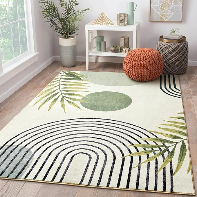 RoomTalks Mid Century Modern Washable Rug Stain Resistant, Boho Cute Aesthetic 8x10 Area Rugs for Bedroom Dining Living Room Office, Green Abstract Tropical Leaves Indoor Rug Plant Botanical Carpet