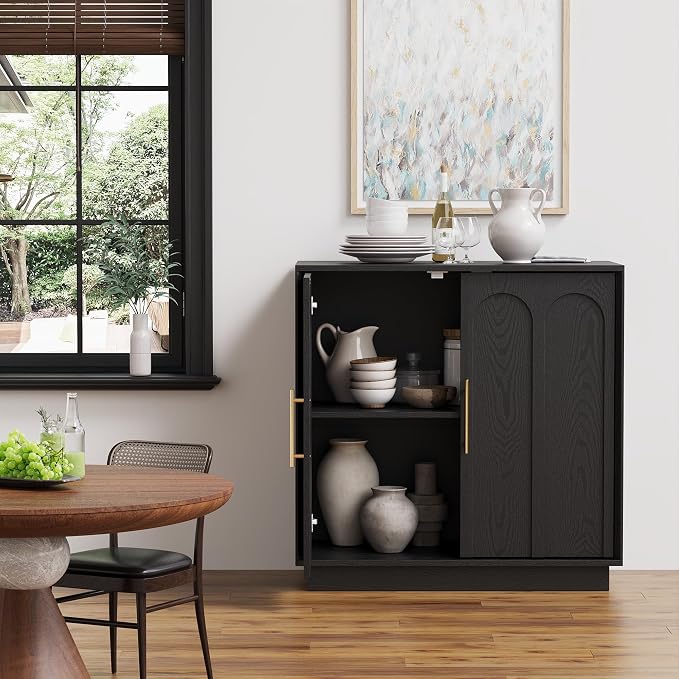 FORTUNETEC Sideboard Buffet Cabinet with Storage, Modern Accent Cabinet with Arched Doors & Shelf, 31.5" Modular Media Console, Minimalist Credenza for Living Room Kitchen Dining Room Entryway, Black