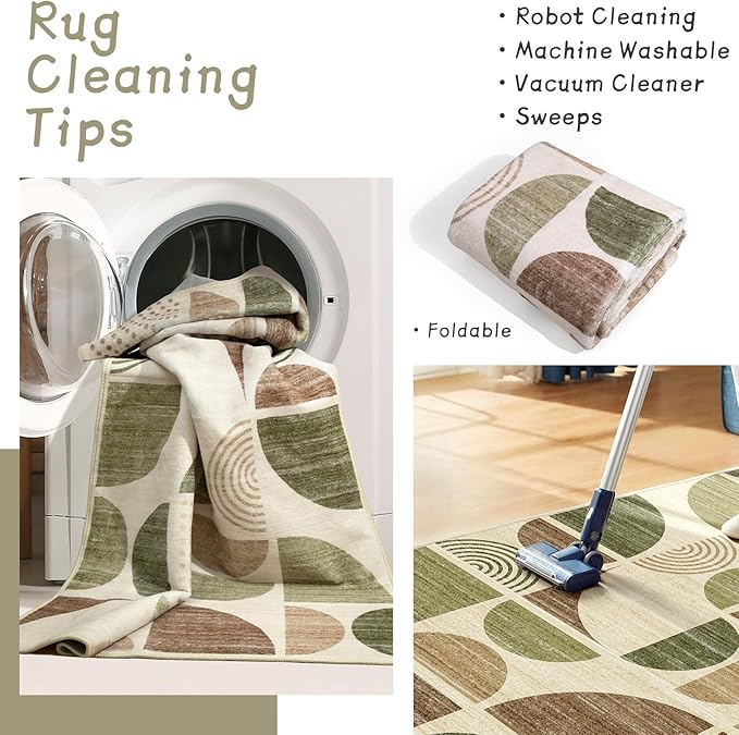 MUJOO 3x5 Rug Washable,Boho Area Rugs for Bedroom Entryway Living Room Bedside,Small Throw Floor Carpet Non Slip Soft Indoor Modern Abstract Vintage Green and Brown