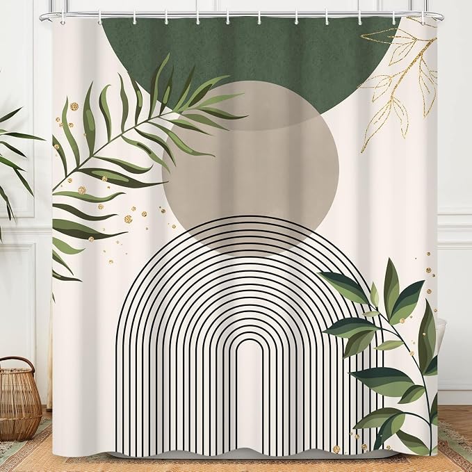 Boho Mid Century Shower Curtain, Green Pink Modern Minimalist Abstract Geometric Gold Plant Leaves Sun Arch Bathroom Curtains Waterproof Fabric Buthtub Curtain Set with Hooks 66" Wx72 L