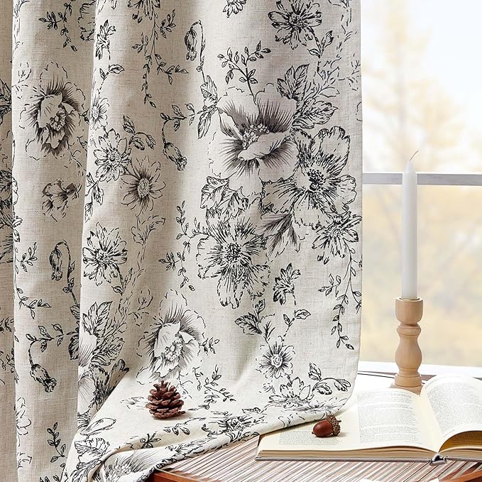 jinchan Blackout Linen Blend Curtain Floral Blackout Curtains for Living Room 63 Inch Length Black Printed with Lined Blackout Curtain for Bedroom Farmhouse Curtains Set 2 Panels