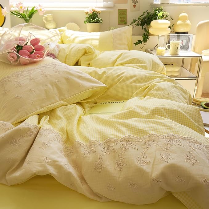 LifeTB Yellow Gingham Duvet Cover King 3 Pieces Romantic Lace Comforter Cover Soft Microfiber Cream Yellow Grid Duvet Cover Farmhouse Plaid Checkered Comforter Cover Grid Gingham Bedding Set