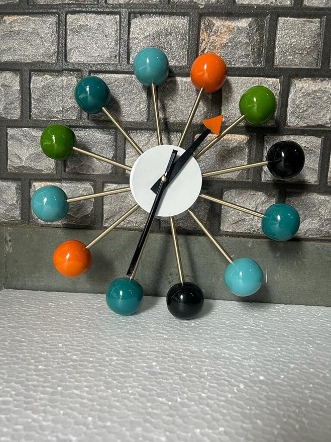 Mid Century Modern Ball Clock – George Nelson Style Wooden Wall Clock, Retro Starburst Design, Silent Non-Ticking Decorative Wall Decor for Living Room, Office, Kitchen & Home (Multi Color, 24 Inch)