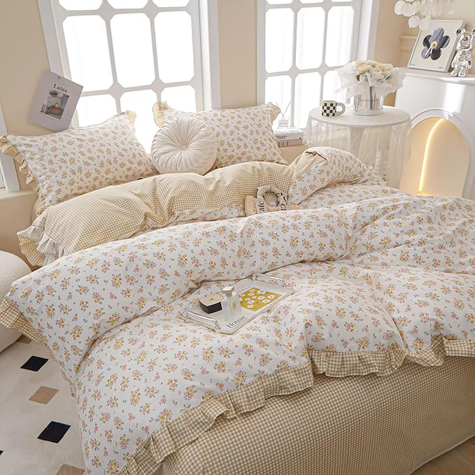 Girls Ruffle Duvet Cover Twin Chic Floral Lace Duvet Cover 100% Cotton Flower Bedding Set Romantic Ruffle Comforter Cover Girls Princess Bedding Set Vintage Floral Botanical Comforter Cover Twin