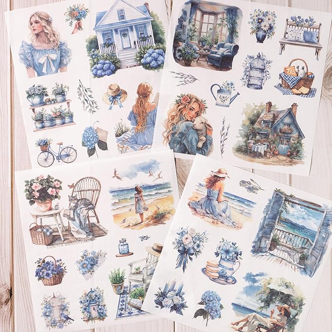 YagCu Garden Junk Journal Stickers, 50 Sheets Washi Journaling Sticker Book, Scrapbook Supplies, Watercolor Scrapbooking for Adults, Blue Decorative Ephemera Arts Craft