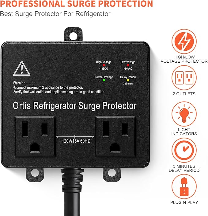 Refrigerator Surge Protector, Ortis Double Outlet Voltage Protector for Home Appliances TV Washer with Time Delay, Protects Against Brownout, Spike, Instant Surge All Voltage Abnormalities