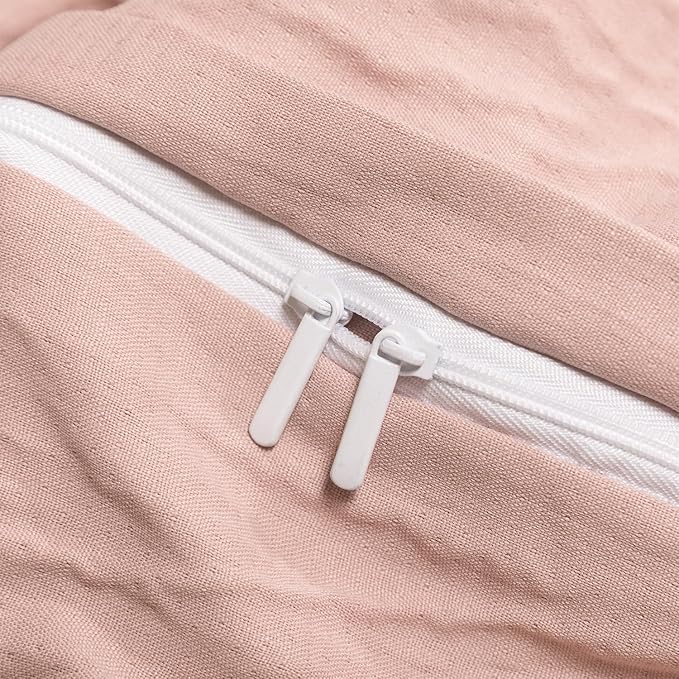 Duvet Cover Queen Dusty Rose, Luxury Soft Double-Layer Crinkle Gauze Rose Pink Duvet Cover, 3 Pieces Bedding for All-Season, Breathable with Zipper Closure & Corner Ties