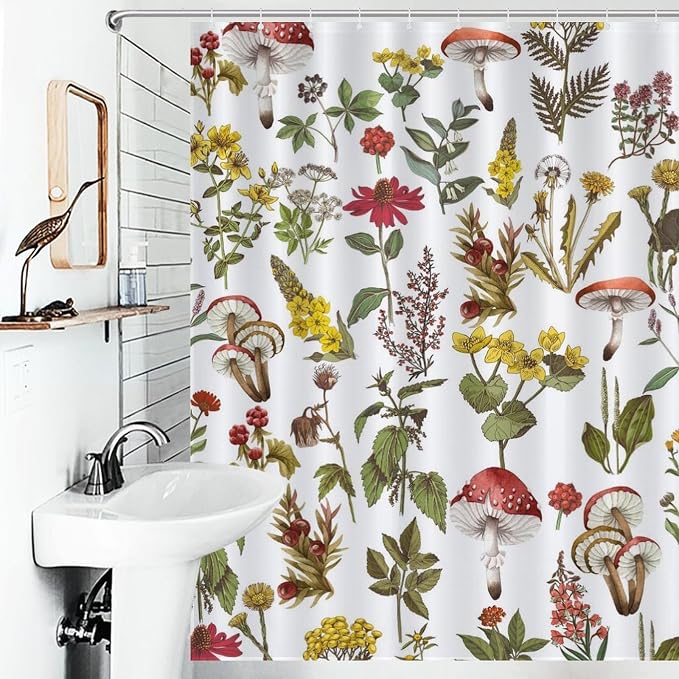 Mushroom Shower Curtain for Bathroom, Farmhouse Wildflower Botanical Mushroom Plants Leaf Sage Green Rustic Vintage Cottagecore Nature Waterproof Fabric Shower Curtain Set with Hooks, 72"x78" Inch