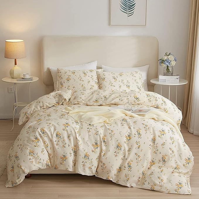 HighBuy Yellow Floral Comforter Set Queen Botanical Bedding Comforter Set for Queen Bed Women Girl Garden Bohemian Floral Comforter with 2 Pillowcases,Garden Style Bedding Sets