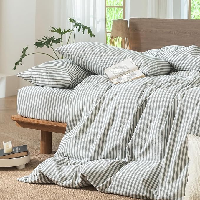 MooMee Striped Duvet Cover Set 100% Washed Cotton Linen Like Textured Breathable Durable Soft Comfy (Heathered Green Classic Stripes, Alaska King 132"x120")