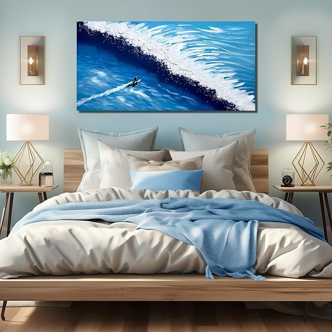 Blue Ocean Sea Wall Art for Dining Room Modern Painting Wall Art for Living Room Blue and White Wall Decor Teen Bedroom Size 24 x 47 Inch