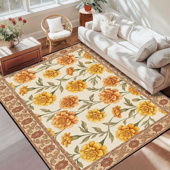 Marigold Floral Area Rug Vintage Boho Rug Bordered Non-Slip Washable Floor Mat for Bedroom Living Room Nursery Kitchen Playroom Home Decor,4'x6'