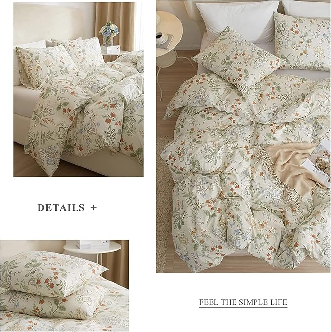 Garden Floral King Comforter Set Chic Flower Leaves Print Floral Bedding Comforter Fluffy Soft Vintage Style Aesthetic Comforter King with 2 Pillowcases Botanical Cottagecore Comforter for All Seasons