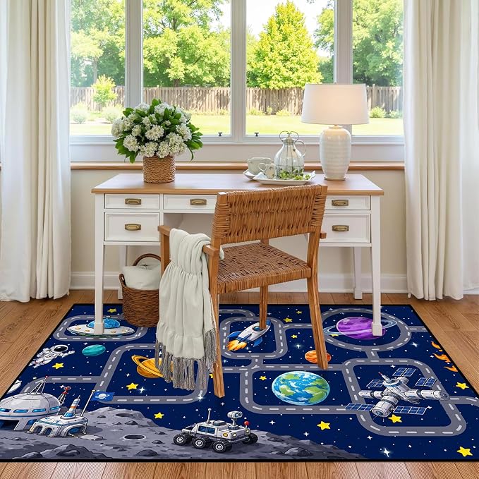 Outer Space Rug Astronaut Road Map Area Rug for Bedroom Living Room Nursery Kitchen Playroom Home Decor Washable Educational Floor Mat Galaxy Themed Carpet,4'x6'