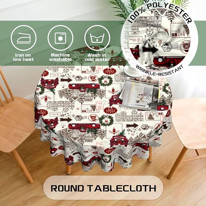 Eikione 70 Inch Round Merry Christmas Tablecloth, Truck Christmas Tree Tablecloth, Stain Resistant Dining Table Cover for Holiday Decor