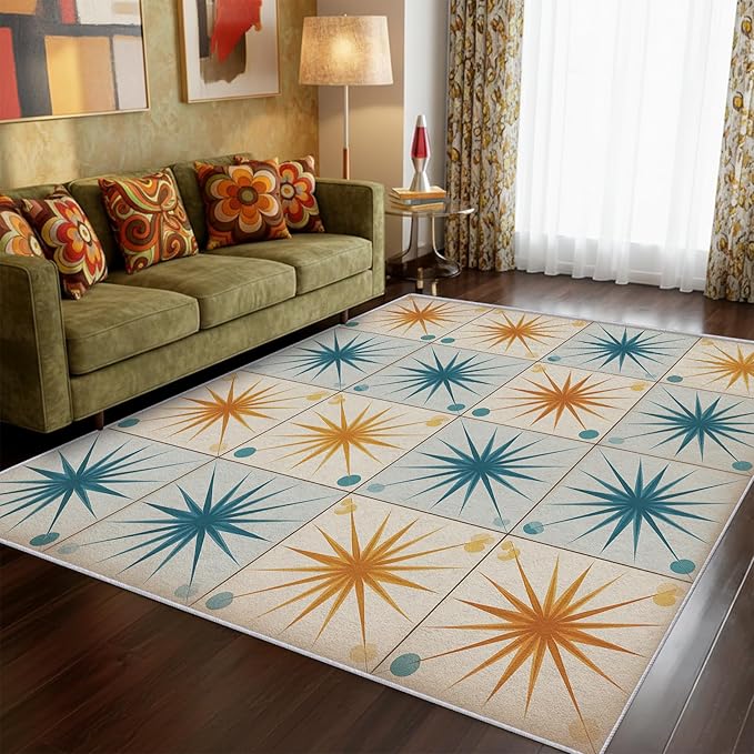 Starburst Rug 4x6 Mid Century Atomic Checkboard Distressed Pattern Area Rugs for Living Room, Bedroom, Starburst Home Decor Accessories Indoor Carpet, Non Slip & Machine Washable