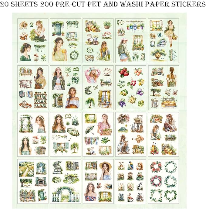 Auguro Scrapbooking Stickers 20 Sheets Pre-Cut 200 washi Stickers PET People Sticker Books for journaling Scrapbook Supplies Transparent Journal Sticker