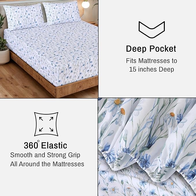 RUVANTI 100% Organic Cotton Sheets Full Size, Percale Weave, GOTS Certified, 4-Piece Set, Deep Pocket 15", Crisp & Breathable, Soft Durable Bedding, Sábanas Algodón Orgánico – Daisy Bud