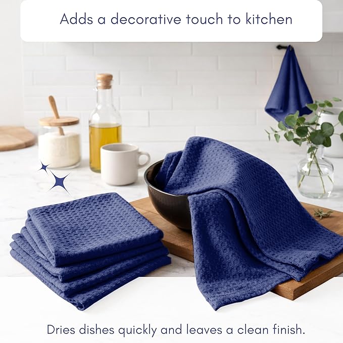 TWINY threads Kitchen Dish Towels Set of 12, 100% Cotton Waffle Weave, Absorbent Dishcloth & Tea Towel with Hanging Loop, Reusable for Table Cleaning, Quick Drying - 16x26 Inches - Indigo Blue