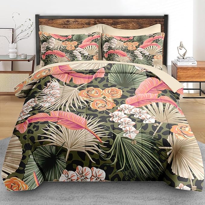 Comforter Set King Size, Summer Tropical Flowers 7 Pcs Bedding for Kids and Adults, Hawaiian Palm Leaf Leaves Bed Sheet Sets with Fitted Sheet 2 Pillowcase & 2 Sham for Bedroom Bed Decor