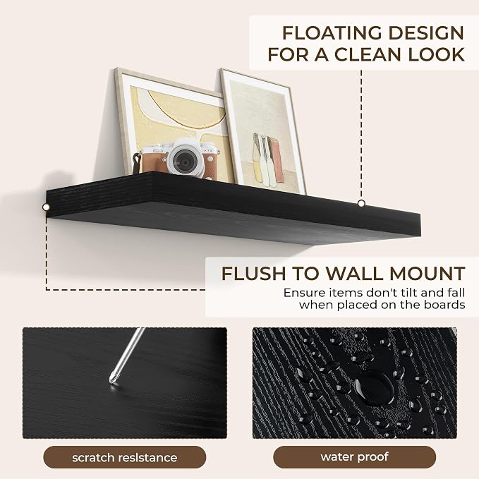 RICHFOCUS 36Inch Floating Shelves for Wall 2 Pack Shelves for Bedroom|Kitchen|Bathroom Wall Mounted Rustic Wood Floating Shelf with Invisible Brackets for Books|Storage|Decor, Black