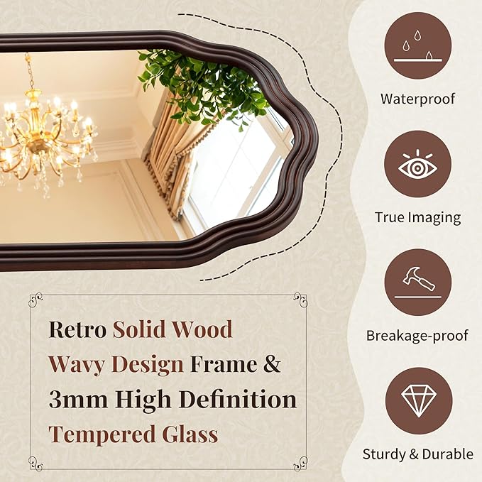Tanmicoshomy Wood Arch Bathroom Mirror 30x36 Inch, Rustic Wavy Wooden Framed Mirrors with Tempered Glass for Living Room, Bedroom or Entryway (Dark Brown)