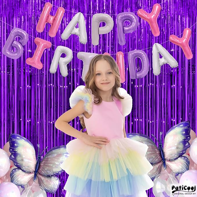 Thicken Purple Streamers 4 Pack 3.2 x 8.2 FT, Purple Birthday Decorations Tinsel Backdrop Curtains, Foil Fringe Photo Backdrop for Halloween, Graduation Party Decorations
