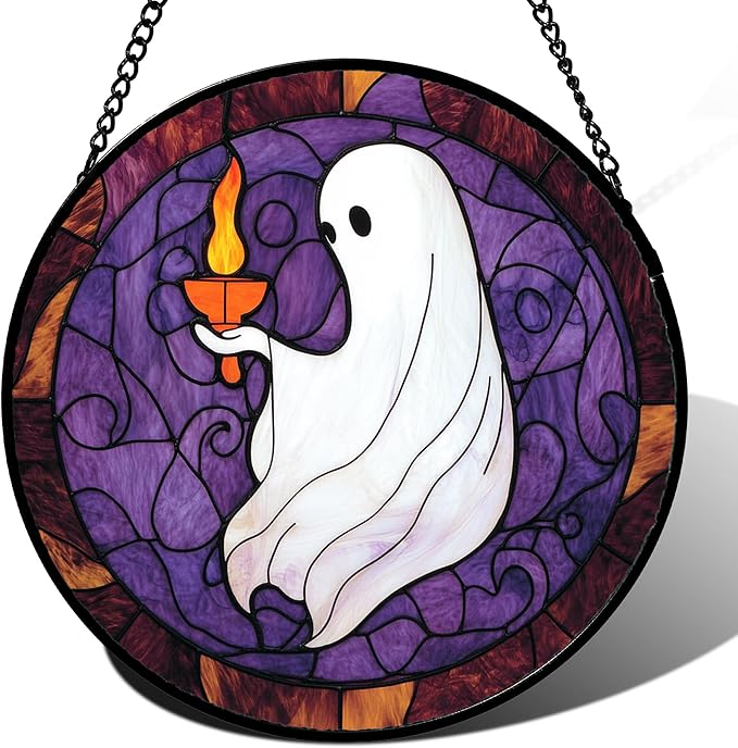 Stained Glass Window Hanging - Halloween White Ghost Purple Suncatcher for Doors Window Garden Spooky Candlelight Sun Catchers Gothic Decor Horror Gifts for Women Men Friend Boy Girl 11.8 in