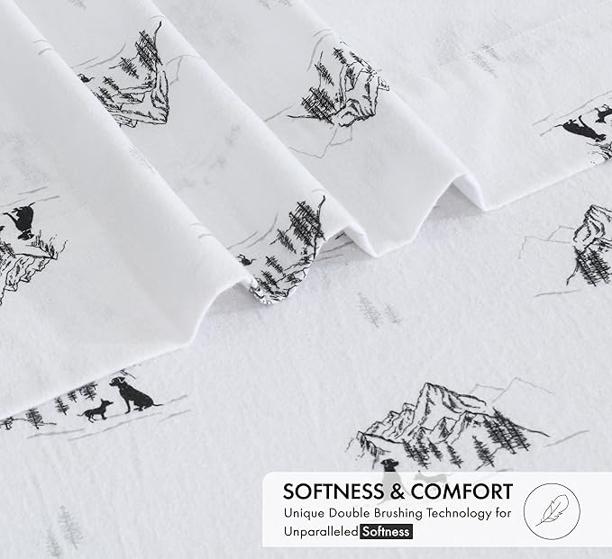 RUVANTI Flannel Sheets Full Size - 100% Cotton Double Brushed Bed Sheets Set, Deep Pockets 16 Inches, All Seasons Breathable & Extra Soft Full Sheets, Warm & Cozy, 4 Piece, Soul Dog White
