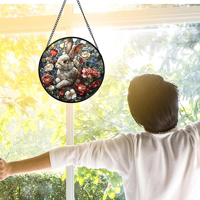 Stained Glass Window Hanging - Cute Rabbit Flowers Suncatcher Ready to Hang Window Doors Home Decoration, Christmas, Mother's Day Birthday Gifts for Women, Men, and Mom 9.8x9.8 in