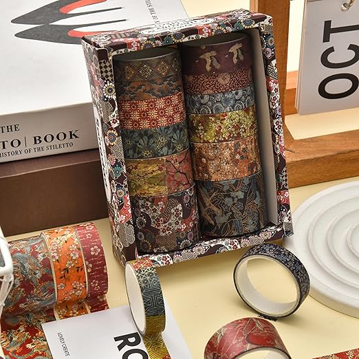 Songdao 12 Rolls Kyoto Charm Washi Tape Set Japanese Arts Adhesive Tapes Geometric Garden Decorative Masking Tape Sets for Craft, Kids, Scrapbook, DIY, Gift Wrapping (Crimson Fields)