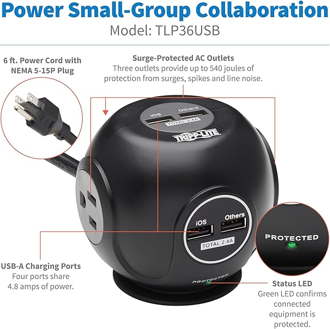 Tripp Lite Surge Protector 3-Outlet Spherical Surge Protector, 4 USB Ports (4.8A Shared) - 6-ft. (1.83 m) Cord, 5-15P Plug, 540 Joules, Black (TLP36USB)