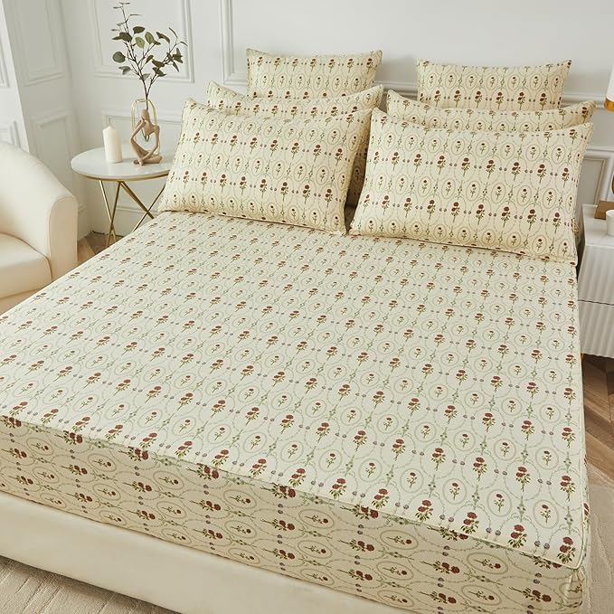 FADFAY Twin Size 100% Cotton Beige Bed Sheets Set Elegant Red Rose Floral Pattern, Soft and Luxurious Shabby Vintage French Country Bedding, 4 Pieces Deep Pocket Fitted Sheet