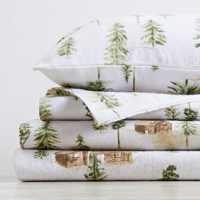 Market & Place 100% Cotton King Flannel Sheet Set | 4 Piece Deep Pocket Novelty Cozy Winter Bed Sheets | Double Brushed for Extra Softness & Comfort | Alpine Collection (King, Watercolor Forest)