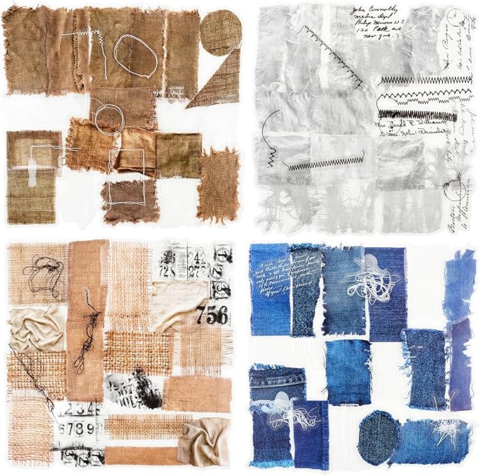 AuriicLeaf Sewing Time Fabric Patch PET Stickers Set, 120PCS Retro Cloth & Denim Pieces - Waterproof Self-Adhesive Scrapbook Junk Journal Collage Embellishments