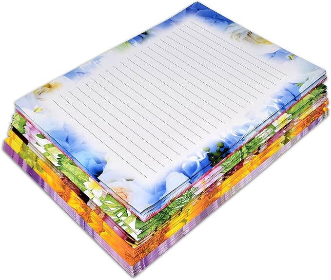 Gift Boutique 120 Pack Floral Lined Stationery Paper Letterhead Sheets, 8.5" X 11", 6 Flower Designs, Double Sided, Writing Printing Crafting Supplies
