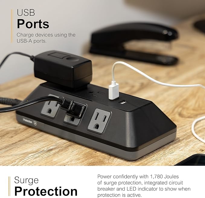 GE UltraPro Adapt 8-Outlet Surge Protector with USB Ports, 2 USB-A Ports, 2.4A, 3ft Braided Cord Power Strip Surge Protector, 1780 Joules, Black, 73776